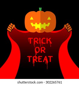 Halloween Jack-o-lantern pumpkin head open red cape have trick or treat text inside on black background
