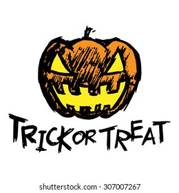 Halloween jack-o-lantern pumpkin head and trick or treat text isolated on white background