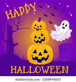 Halloween Jack-O-Lantern Pumpkin Poster Print with ghost and bats. Sparkling Happy Halloween banner on purple background. Orange Pumpkin. Vector illustration. October 31.