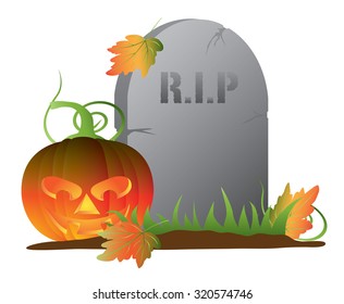 Halloween Jack-O-Lantern Pumpkin Sitting by Tombstone Isolated on White Background Vector Illustration