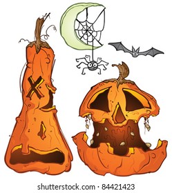 Halloween Jackolantern Pumpkins Bat Spider Web Crescent Moon Cartoon Illustration