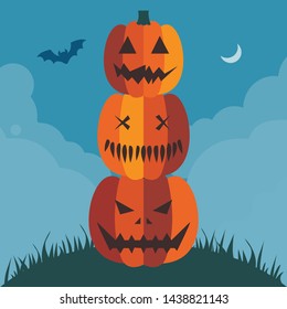 Halloween jack-o-lantern pumpkins stand with pyramid on background with night sky with mist, half moon and flying bat under hill with grass. Halloween October Party poster or greeting card template.