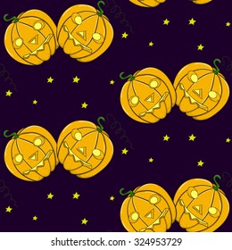 Halloween Jack-o-lantern & Star seamless pattern on dark purple background. Package, textile & rug design. Yellow, Orange & Black vector backdrop. Hand drawn vintage illustration. Vector line art.