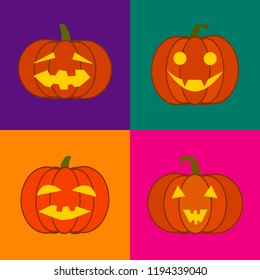 Halloween Jack-o-lanterns with different faces. A set of four elements. Funny vector flat icons. Stickers or sard design.