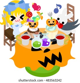 Halloween and jack-o-lanterns and a girl and a rabbit eating sweets