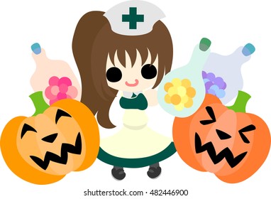 Halloween and jack-o-lanterns and a pretty nurse