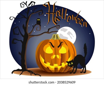 Halloween. Jack's lantern. Halloween motifs. illustration with a pumpkin. Halloween night, night landscape with a lantern. Pumpkin in the moonlight. Pumpkin.Tree dry. Under the moon 2