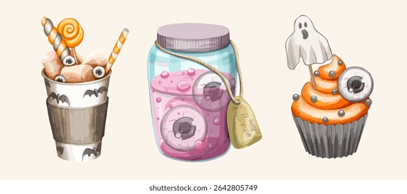 Halloween Jar with Eyeballs, Cup with Marshmallows and Eyeballs, Cupcake with Ghost Topper and Eyeball – Cute Watercolor set