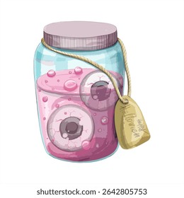 Jar de Halloween com globos oculares - Clipart de aquarela bonito.Jar de Halloween pintado à mão cheio de líquido rosa assustador e globos oculares de desenho animado. Fundo transparente. Perfeito para adesivos, convites de festa