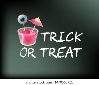 Halloween jelly shot with eye on stick and cocktail umbrella. Trick or treat. Vector banner template.