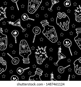 Halloween jugs, sweets and potions in white outline on a black background pattern vector illustration template for design and decoration