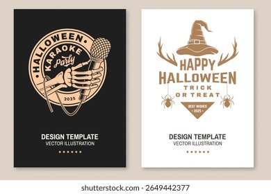Halloween karaoke party flyer, poster, banner design. Vector. For holiday Halloween design, shirt, logo, badge, cards with skull hand hold microphone, wizard hat, spiders and horns silhouette.