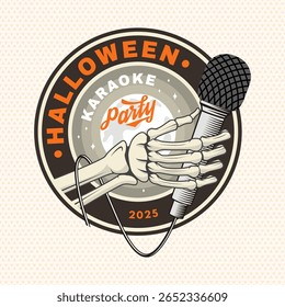 Halloween karaoke party patch design. Vector illustration. For holiday Halloween design sticker, shirt, logo, badge, decorations, cards, banner with skull hand hold microphone silhouette.