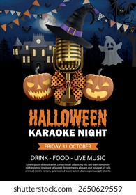 halloween karaoke poster with gold mic with witch hat and pumpkins on scary landscape. halloween karaoke night flyer