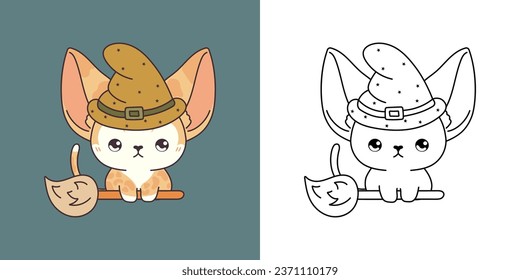 Halloween Kawaii Abyssinian Cat for Coloring Page and Illustration. Adorable Clip Art Halloween Cat. Cute Vector Illustration of Halloween Kawaii Animal in Witch Costume. 