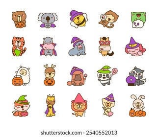 Personajes de dibujos animados de animales kawaii de Halloween en trajes lindos para Clipart digital y conjunto de diseño de Ilustración vectorial