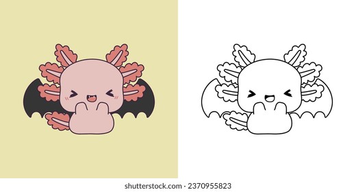 Halloween Kawaii Axolotl for Coloring Page and Illustration. Adorable Clip Art Halloween Salamander. Cute Vector Illustration of a Kawaii Halloween Reptile Animal in Devil Costume. 