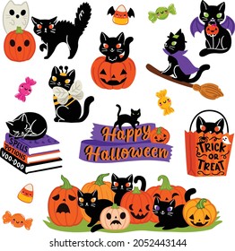 Halloween Kawaii Black Cat Vector Illustrations