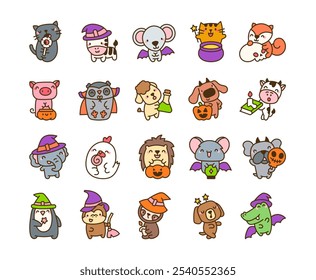 Halloween kawaii personajes de animales de dibujos animados con lindos sombreros mágicos calabazas pociones y alas espeluznantes trajes y accesorios