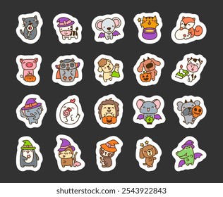 Halloween kawaii cartoon animal characters set with cute magic hats pumpkins potions and spooky wings costumes and accessories