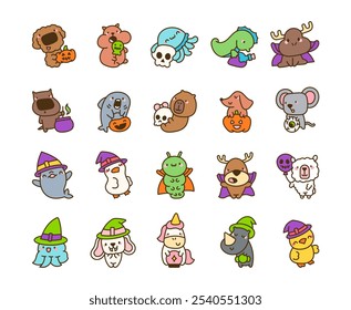 Animales de dibujos animados kawaii de Halloween en trajes espeluznantes lindos con calabazas sombreros pociones y accesorios mágicos