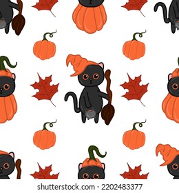 Halloween kawaii cat with costume vector seamless pattern. Cartoon black cat prepared for halloween party. Cute clipart for wrapping paper, nursery room wallpaper, fabric print, background.