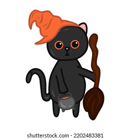 Halloween kawaii cat with costume vector illustration. Cartoon black cat prepared for halloween party. Cute clipart for stickers, nursery room, book prints, background, invitations, greeting cards.