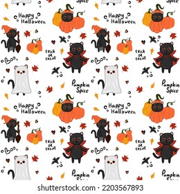 Halloween kawaii cat with costume vector seamless pattern. Cartoon black cat prepared for halloween party. Cute clipart for wrapping paper, nursery room wallpaper, fabric print, background.