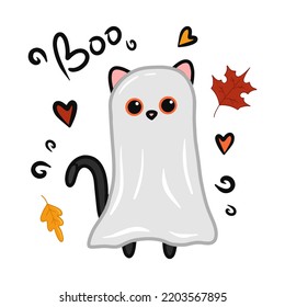 Halloween kawaii cat with costume vector illustration. Cartoon black cat prepared for halloween party. Cute clipart for stickers, nursery room, book prints, background, invitations, greeting cards.