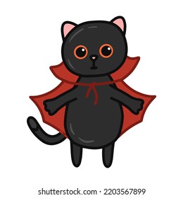 Halloween kawaii cat with costume vector illustration. Cartoon black cat prepared for halloween party. Cute clipart for stickers, nursery room, book prints, background, invitations, greeting cards.