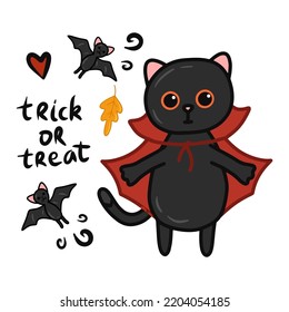 Halloween kawaii cat with costume vector illustration. Cartoon black cat prepared for halloween party. Cute clipart for stickers, nursery room, book prints, background, invitations, greeting cards.