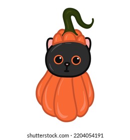 Halloween kawaii cat with costume vector illustration. Cartoon black cat prepared for halloween party. Cute clipart for stickers, nursery room, book prints, background, invitations, greeting cards.