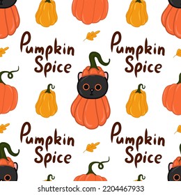Halloween kawaii cat with costume vector seamless pattern. Cartoon black cat prepared for halloween party. Cute clipart for wrapping paper, nursery room wallpaper, fabric print, background.