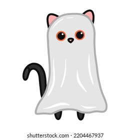 Halloween kawaii cat with costume vector illustration. Cartoon black cat prepared for halloween party. Cute clipart for stickers, nursery room, book prints, background, invitations, greeting cards.