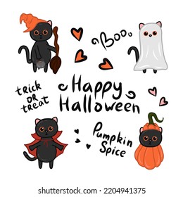 Halloween kawaii cat with costume vector illustration. Cartoon black cat prepared for halloween party. Cute clipart for stickers, nursery room, book prints, background, invitations, greeting cards.