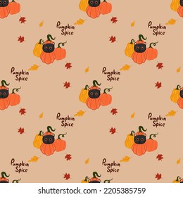 Halloween kawaii cat with costume vector seamless pattern. Cartoon black cat prepared for halloween party. Cute clipart for wrapping paper, nursery room wallpaper, fabric print, background.