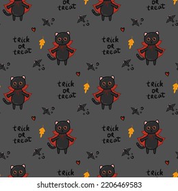 Halloween kawaii cat with costume vector seamless pattern. Cartoon black cat prepared for halloween party. Cute clipart for wrapping paper, nursery room wallpaper, fabric print, background.