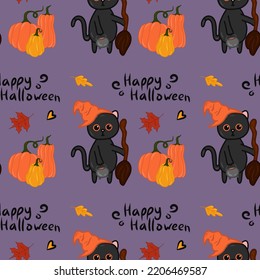 Halloween kawaii cat with costume vector seamless pattern. Cartoon black cat prepared for halloween party. Cute clipart for wrapping paper, nursery room wallpaper, fabric print, background.