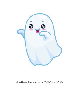 Halloween kawaii cute ghost character with mischievous face and raised arms playfully saying boo, while trying to frighten. Cartoon vector charming, spooky and adorable spirit flying at holiday night