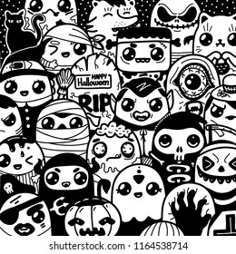 Halloween kawaii funny cartoon characters monsters. Doodle hand drawn cute illustration black line on white background. Print, tshirt, banner, card, web. Vector