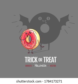 Halloween Kawaii funny donut with spooky shadow. Sweet fast food vector illustration. Halloween Graphic print sign