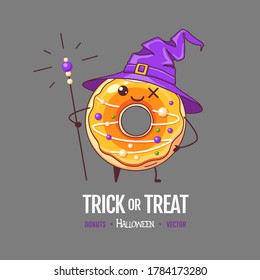 Halloween Kawaii funny donut witch. Sweet fast food vector illustration. Halloween Graphic print sign