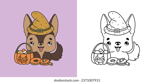 Halloween Kawaii German Shepherd Dog for Coloring Page and Illustration. Adorable Clip Art Halloween Puppy. Cute Vector Illustration of Halloween Kawaii Animal in Witch Costume. 