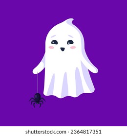 Halloween kawaii ghost cartoon character clutches a friendly spider, suspended from a delicate string. Isolated vector adorable spook personage ready to bring a terror and fear at holiday night