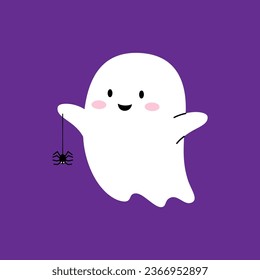 Halloween kawaii ghost cartoon character with spider toy, vector funny boo with happy face. Halloween holiday and trick or treat party cute ghost emoji or kawaii boo emoticon playing with spider