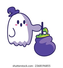 halloween kawaii ghost with cauldron isolated