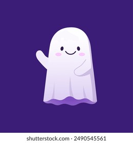 Halloween kawaii ghost character with cheerful expression, and playful smile waving its hand. Isolated cute cartoon vector baby spook, white phantom personage captures festive spirit of the season