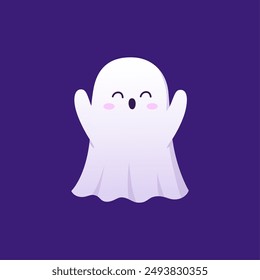 Halloween kawaii ghost character with cheerful expression, and playful grin floating in the air. Isolated cartoon cute vector baby spook, white phantom personage captures festive spirit of the season