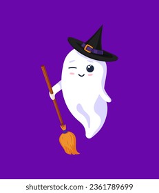 Halloween kawaii ghost character donning a charming witch hat and carrying a broomstick. Cartoon vector cute phantom exuding a delightful mix of spookiness and cuteness. Adorable spirit personage wink