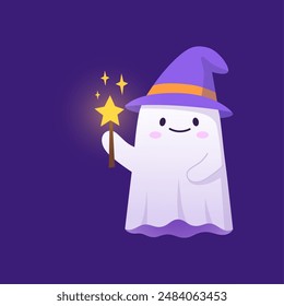 Halloween kawaii ghost character donning a charming witch hat and casting spell with a wand. Cute cartoon vector specter, exuding a delightful mix of spookiness and cuteness. Adorable spirit personage